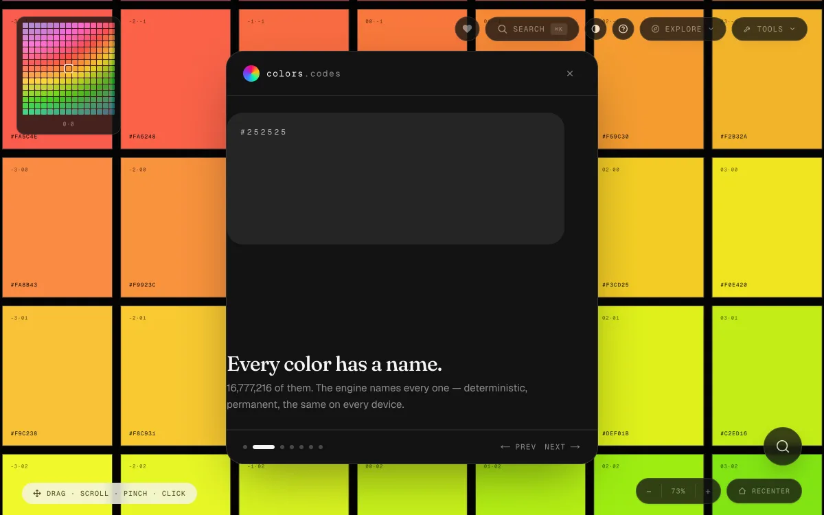 The colors.codes canvas: an infinite grid of color swatches from orange to green, each labeled with its hex, with the intro card reading Every color has a name.