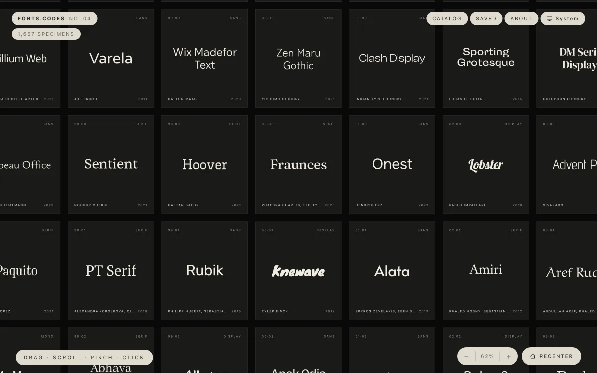 The fonts.codes canvas: dark specimen cards for typefaces including Varela, Clash Display, Fraunces, and Lobster, each set in its own face with designer and year.