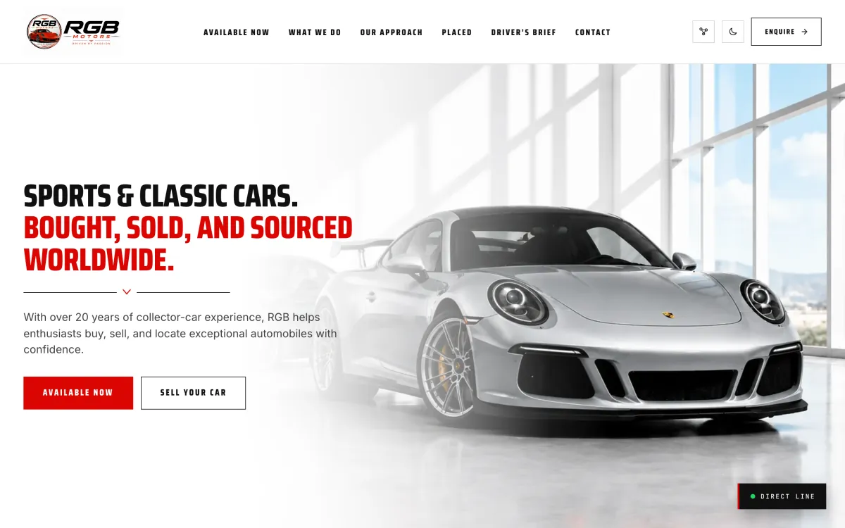 The rgbmotors.com home page in the light theme: Sports & Classic Cars, Bought, Sold, and Sourced Worldwide, beside a silver Porsche 911 in a bright showroom.